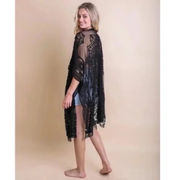 SOLD OUT Black Sheer Floral Lace Mandala Embroidered Mesh Kimono Open Wrap Top - Picture 4 of 4